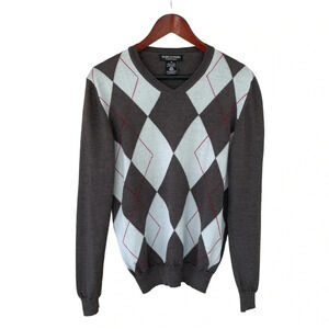 Marco Fiori Men’s Sweater 100% Merino Wool Argyle Long Sleeve V-neck Gray Size M